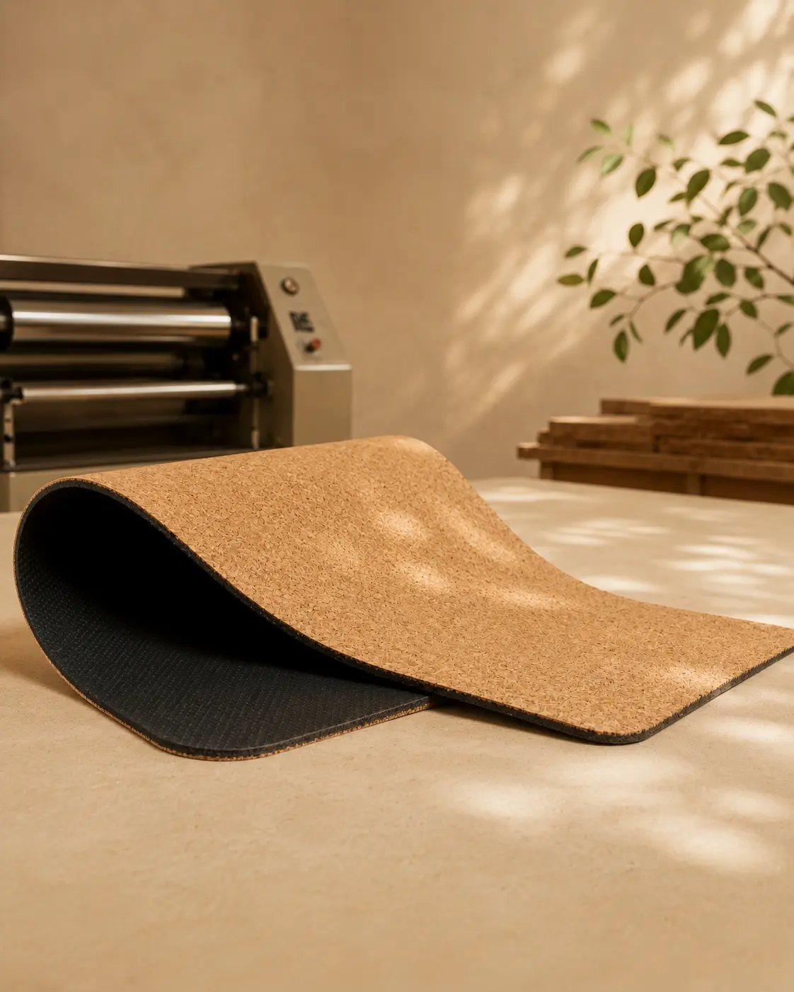 Cork and rubber yoga mat showing layered structure and bonding technology