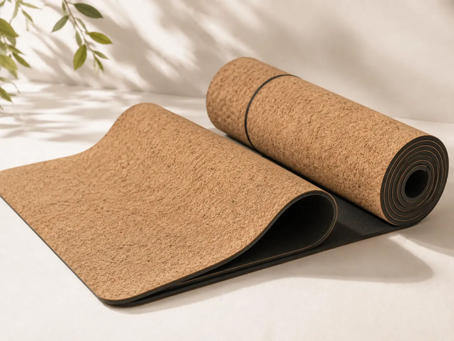 Natural cork yoga mat with black rubber backing showing sustainable eco-friendly yoga mat material structure