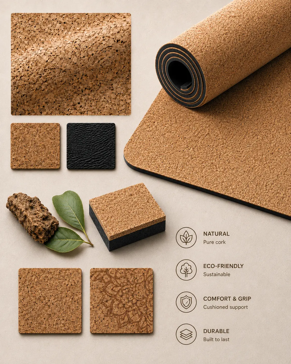 Cork yoga mat material sample showing natural cork grain, black rubber base and sustainable composite structure