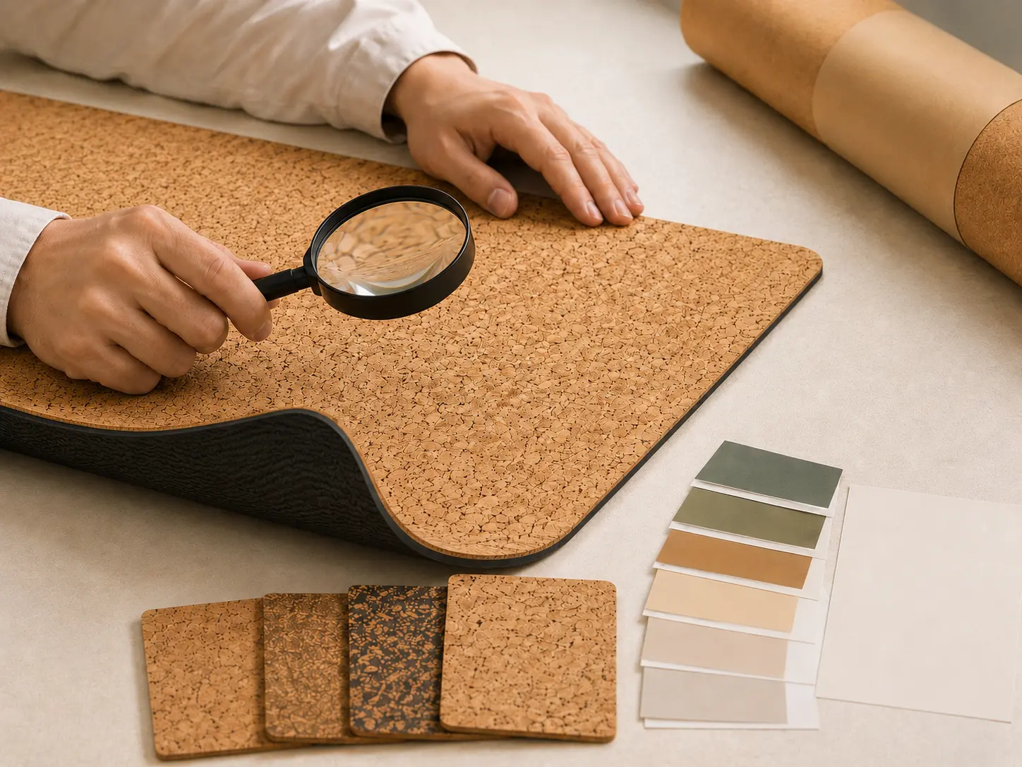 Quality inspection of cork yoga mat surface texture and natural cork grain consistency