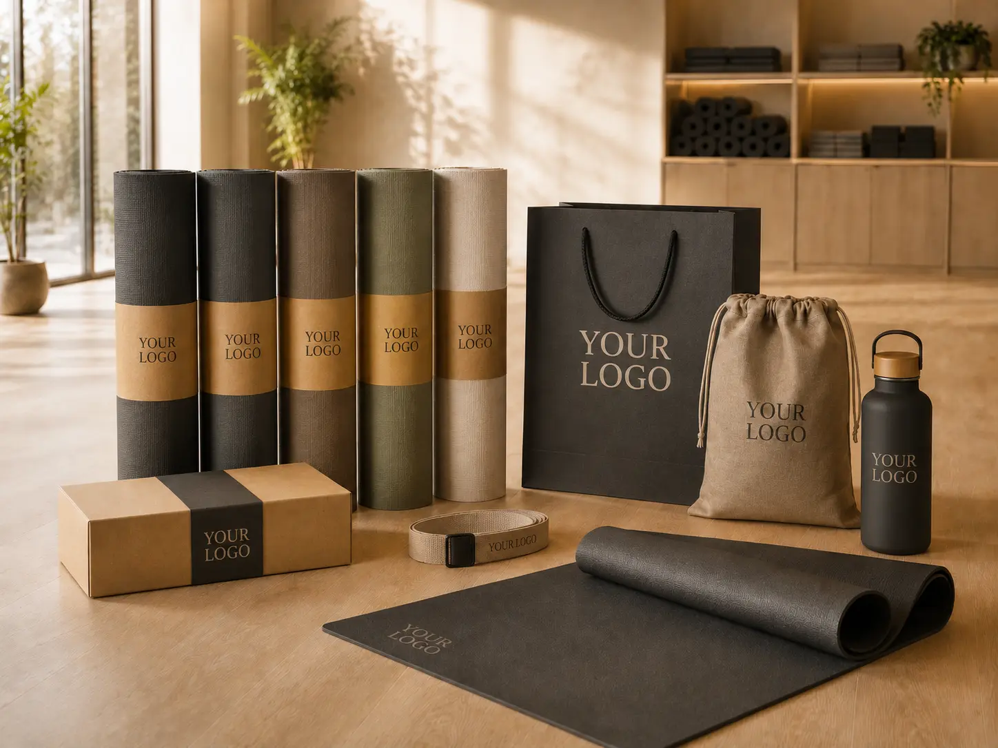 Custom logo yoga mats with branded packaging, gift boxes, drawstring bag and promotional wellness accessories