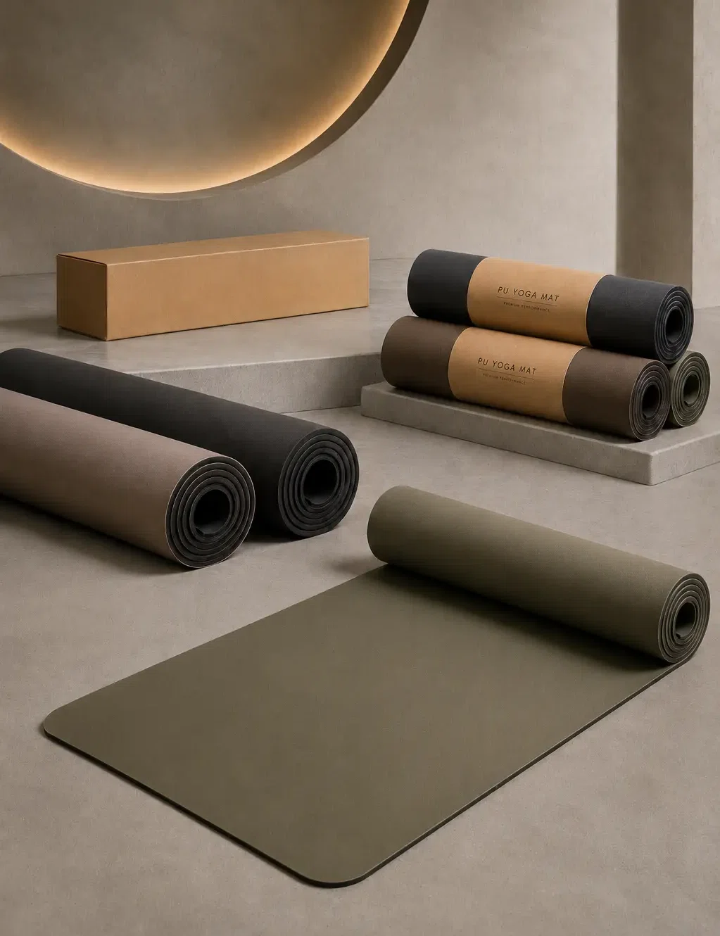 Custom PU yoga mats with rolled mats, private label bands, and premium packaging for OEM wholesale brands.