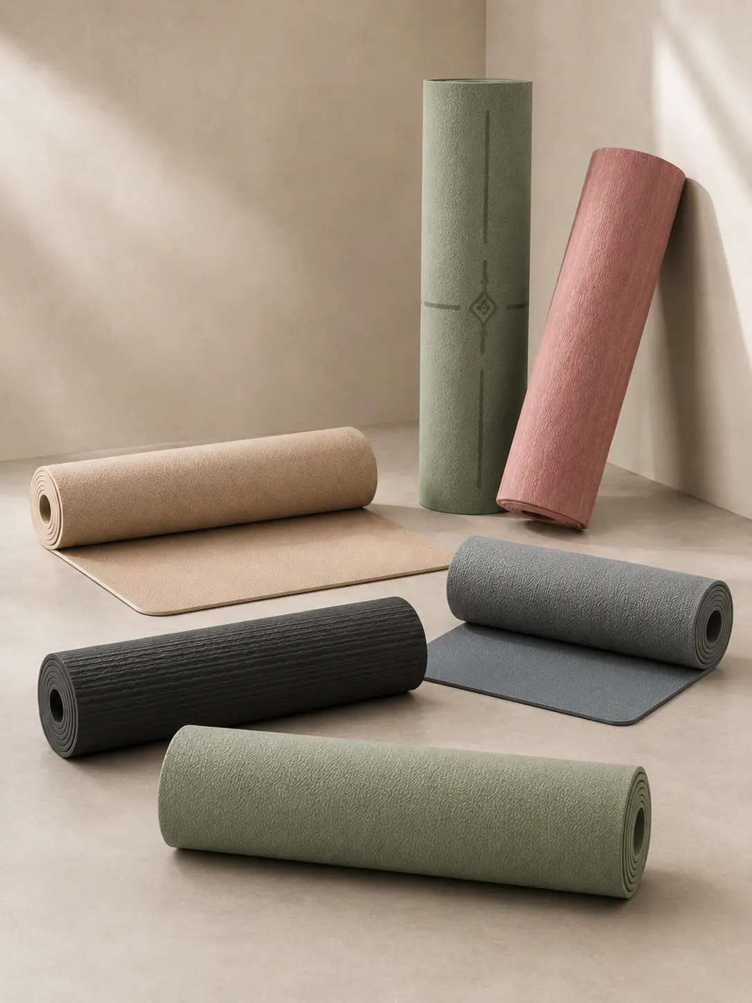 Custom TPE yoga mat product display showing multiple colors, textures, and rolled mat options for OEM and private label projects.