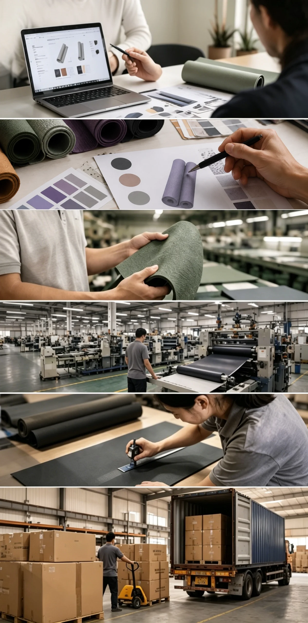 OEM and ODM yoga mat order process from inquiry and design confirmation to sampling, mass production, quality control, packaging and global shipping.