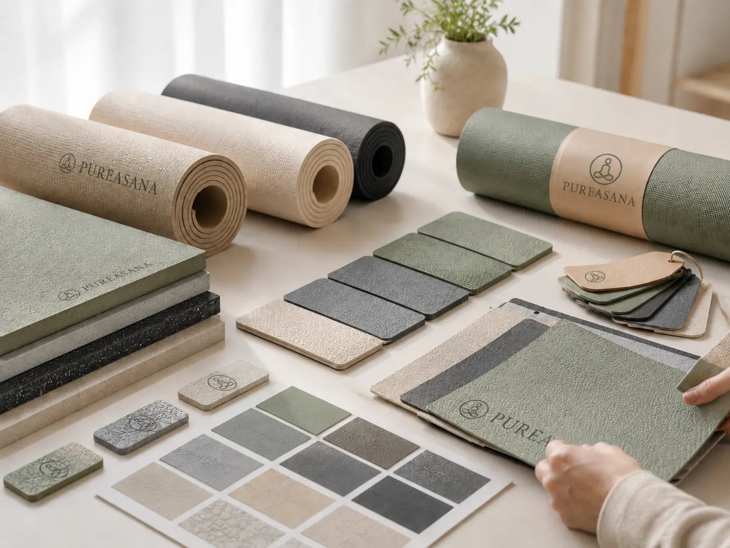 Custom yoga mat material samples with different textures, colors, thicknesses, and surface options for OEM manufacturing.
