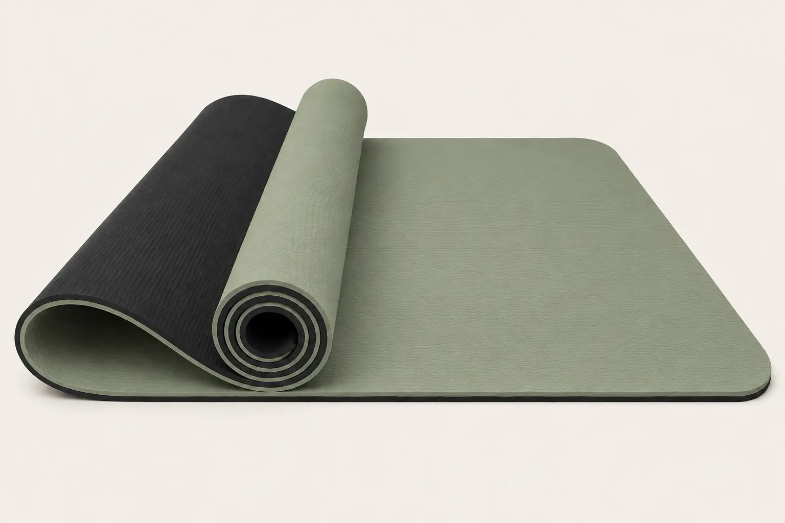 Double-layer TPE yoga mat with dual-color bonded structure, showing a low-saturation green surface and black bottom layer.