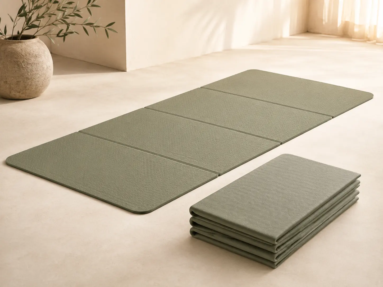 Foldable TPE yoga mat shown in both unfolded and compact folded forms for travel, storage, and portable fitness use.