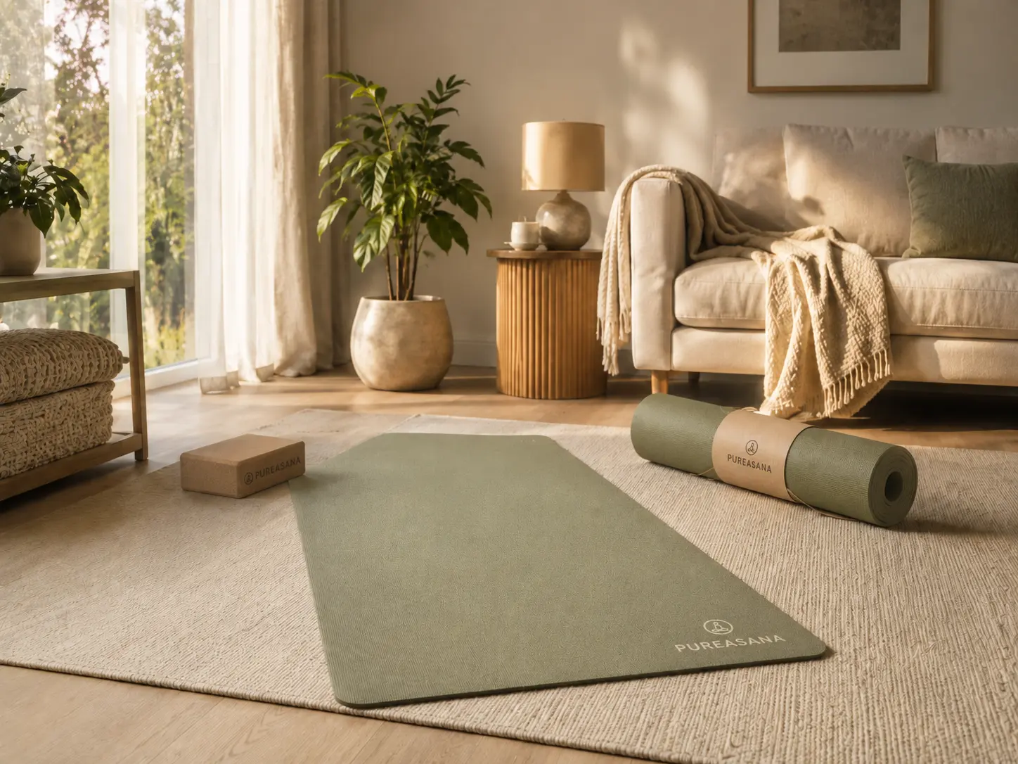 Sage green yoga mat in a warm home practice space with retail-ready packaging and yoga accessories