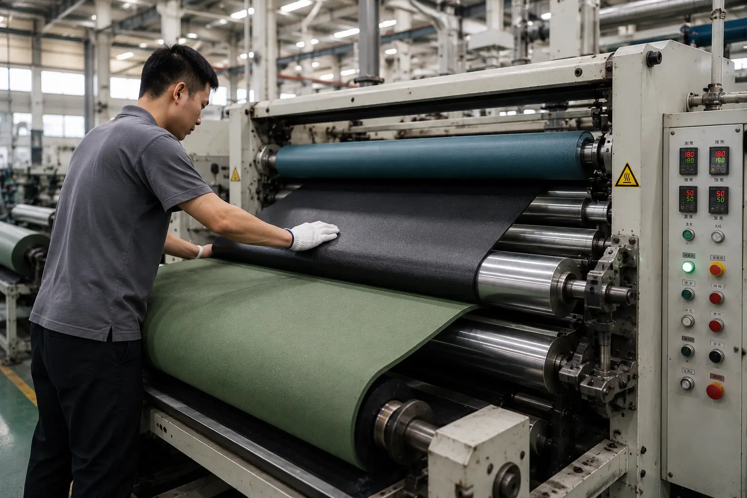 Roll-to-roll lamination machine bonding multiple yoga mat material layers during production.