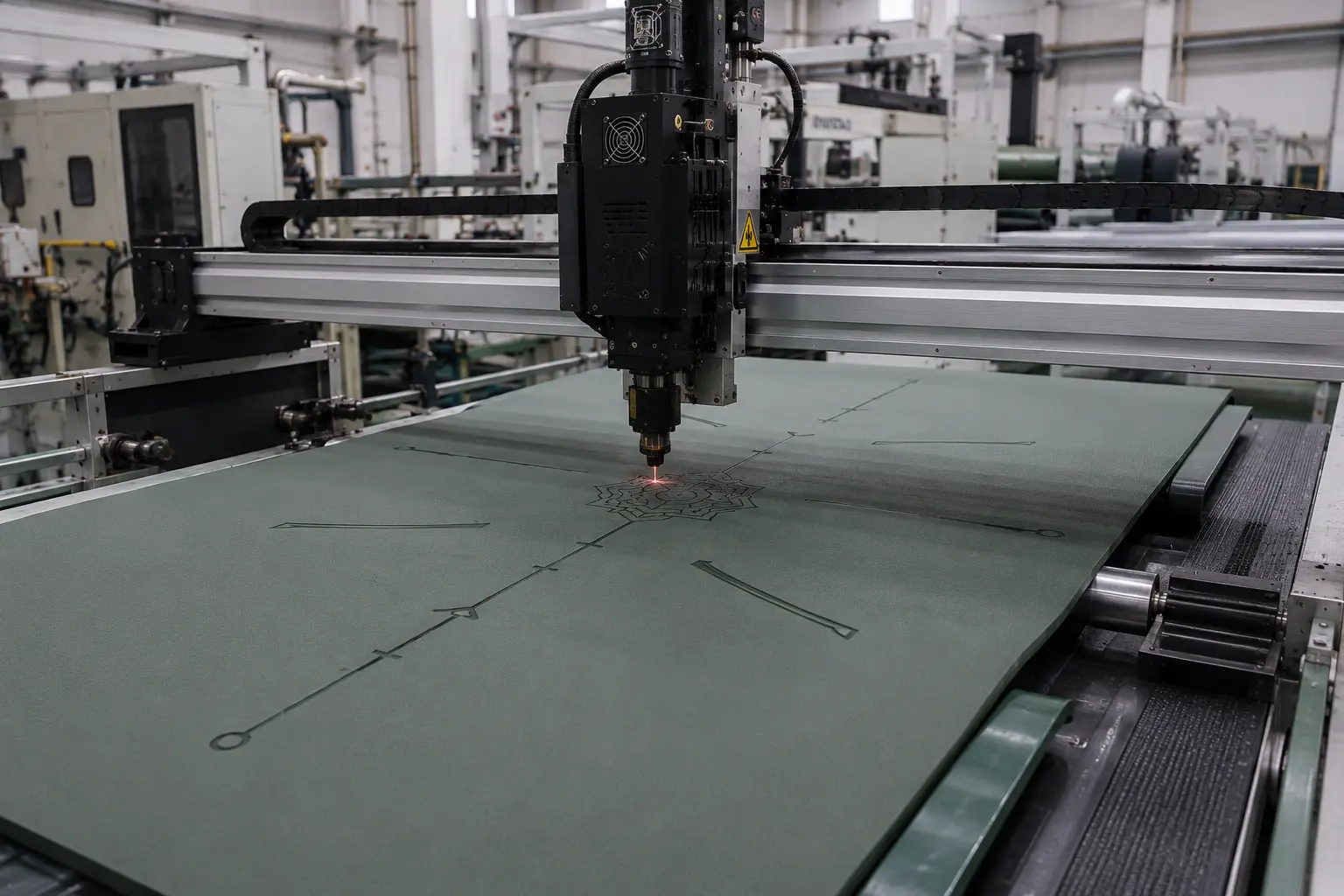 Laser engraving machine creating alignment guide lines on a premium yoga mat during the manufacturing process.