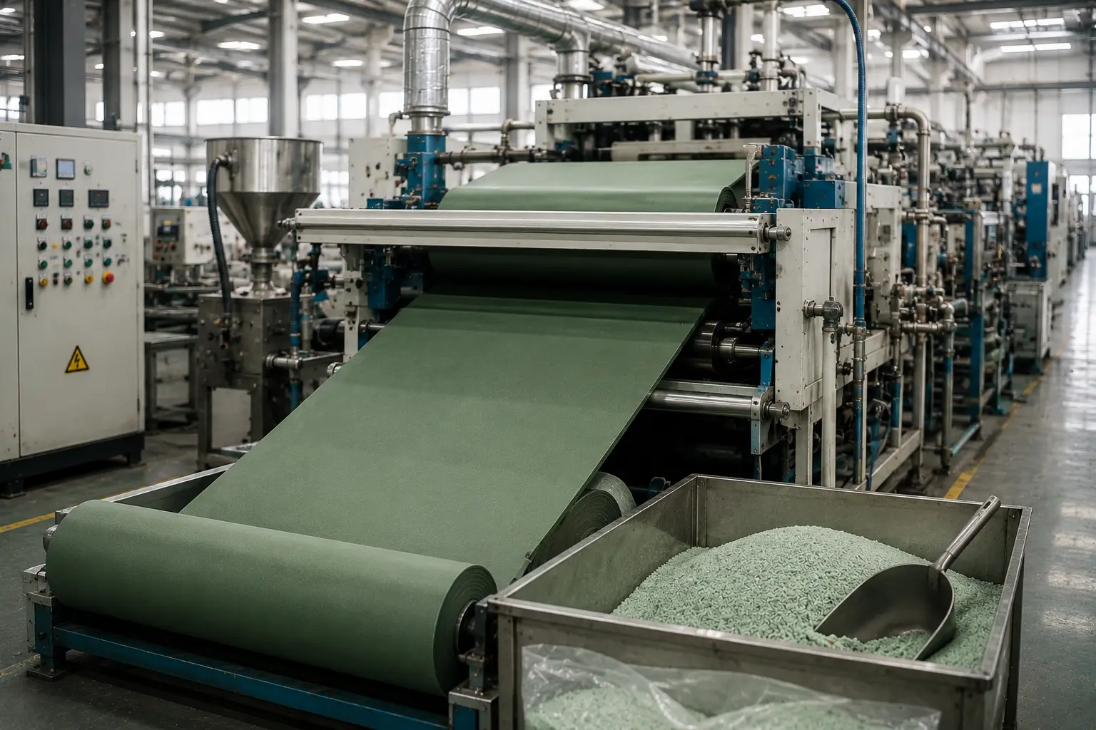 Material preparation and foaming production line for manufacturing high-quality yoga mat sheets.