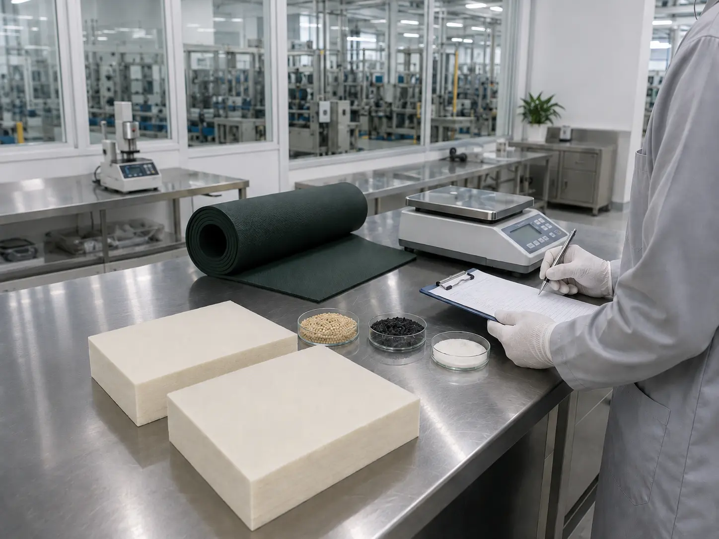 Quality control inspection of natural rubber yoga mat raw materials and eco density consistency