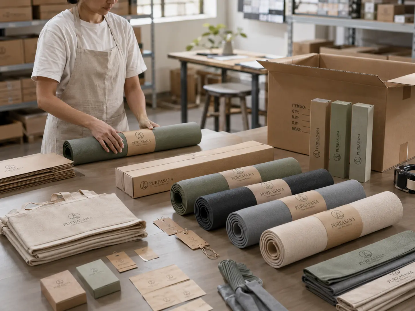 OEM yoga mat packing workstation with rolled mats, kraft paper bands, cartons, hang tags, carry bags, and final inspection.