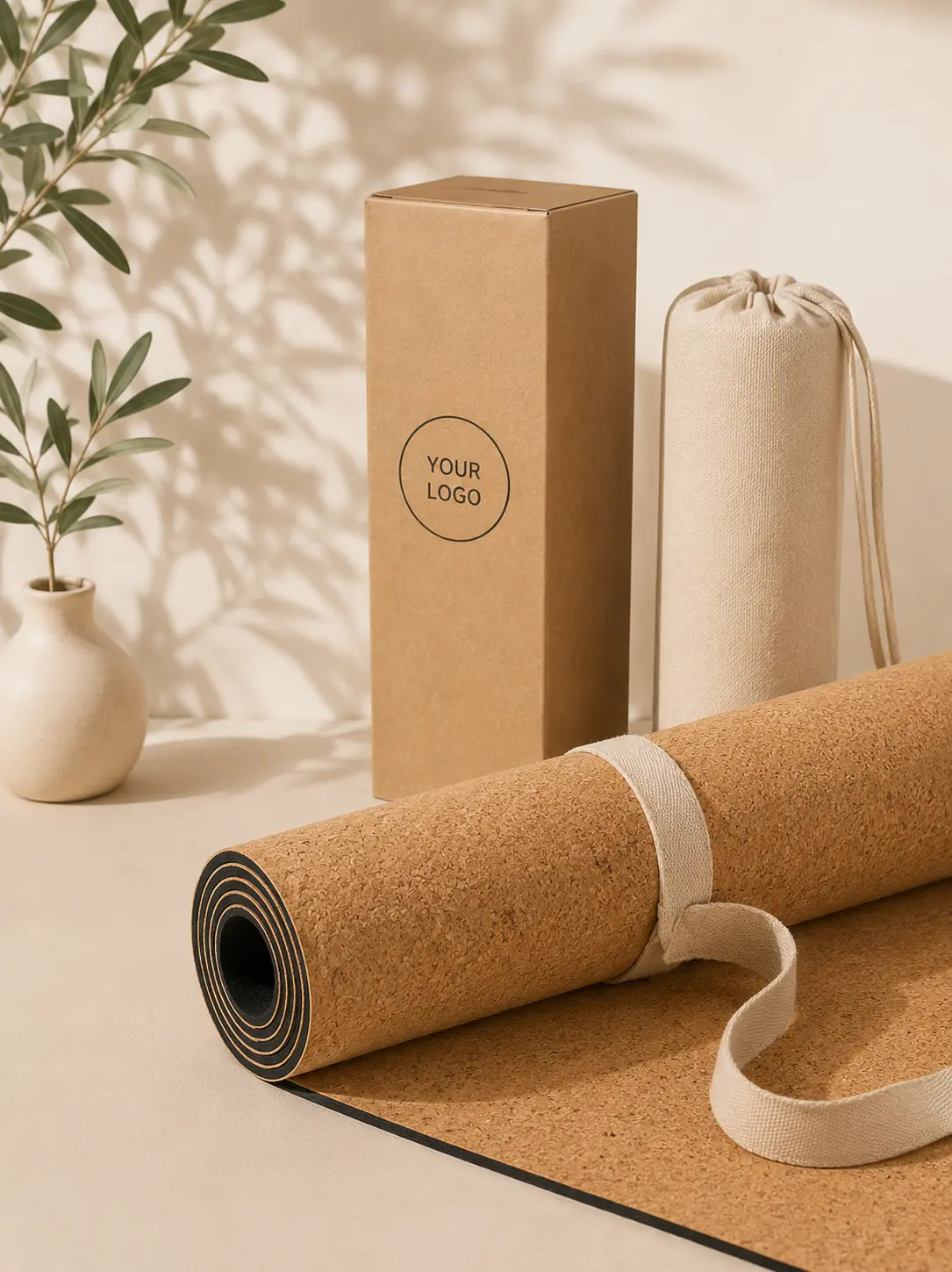 Private label cork yoga mat with custom logo kraft box, canvas bag, and eco-friendly packaging