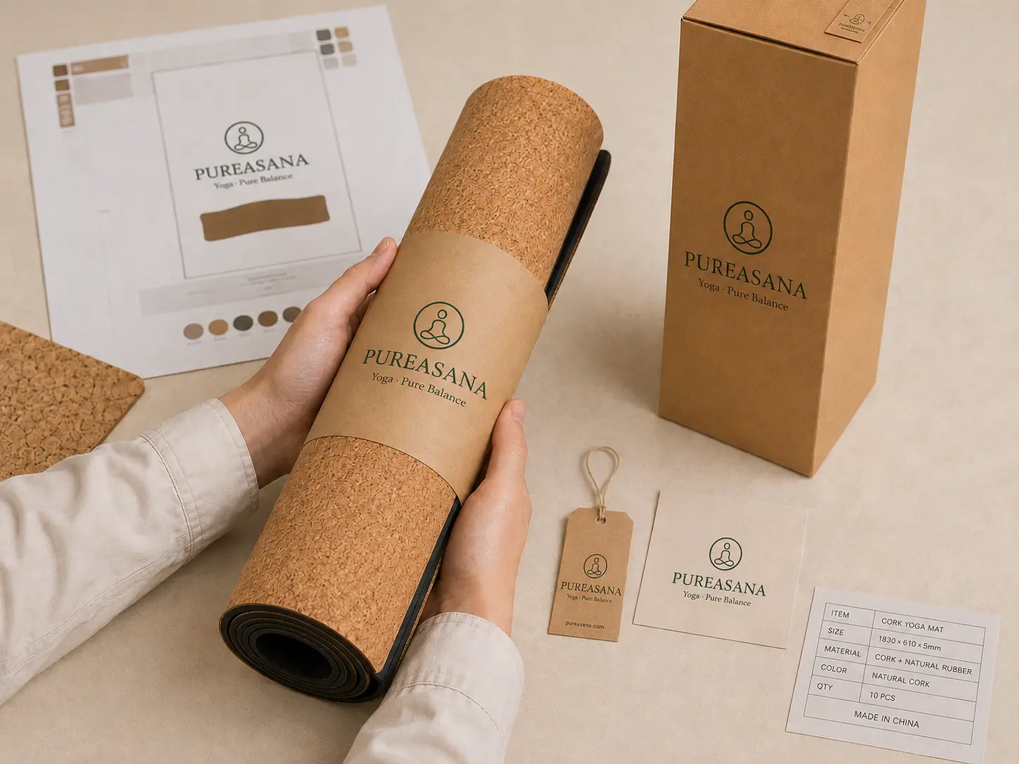 Private label cork yoga mat packaging inspection with custom paper band, kraft box, and hang tag