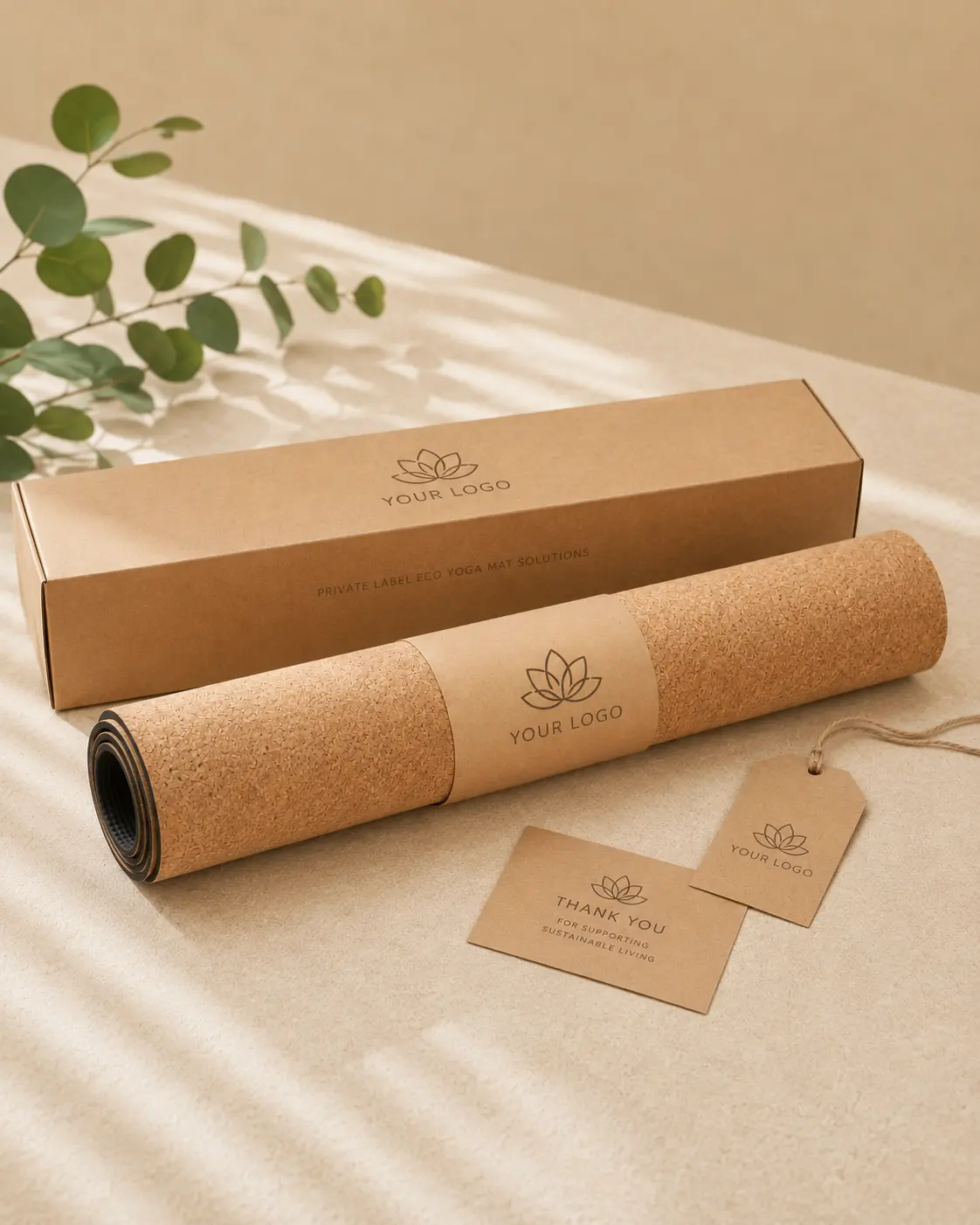 Private label cork yoga mat with custom logo packaging and eco branding materials
