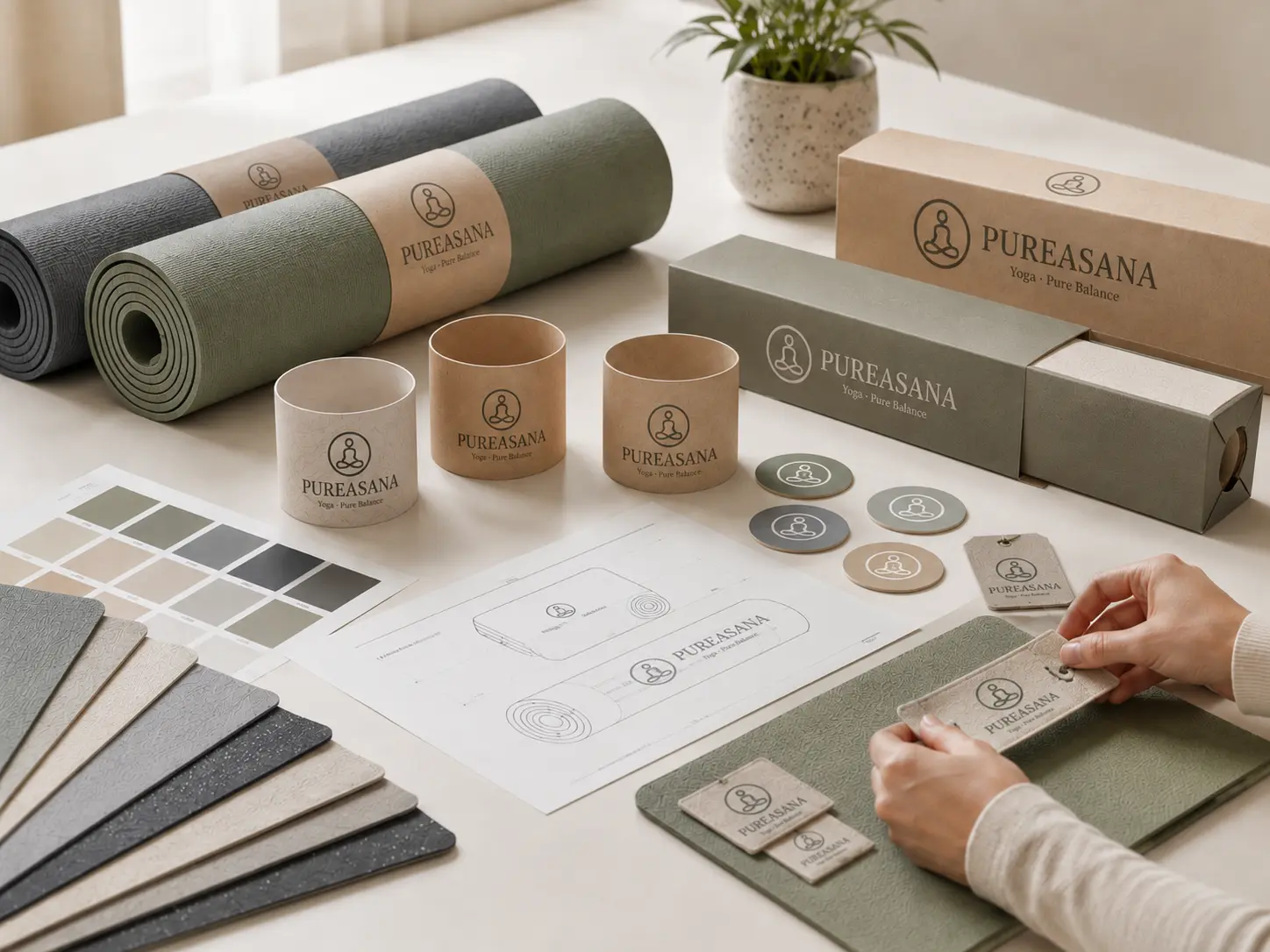 Private label yoga mat branding and packaging samples with PUREASANA logo, paper bands, boxes, labels, and color swatches.