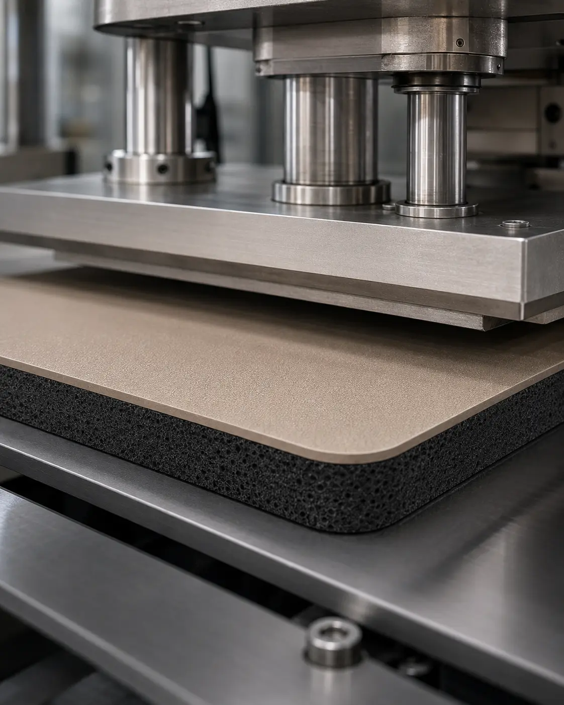 PU rubber yoga mat lamination process with PU top layer and natural rubber base for durable structure.