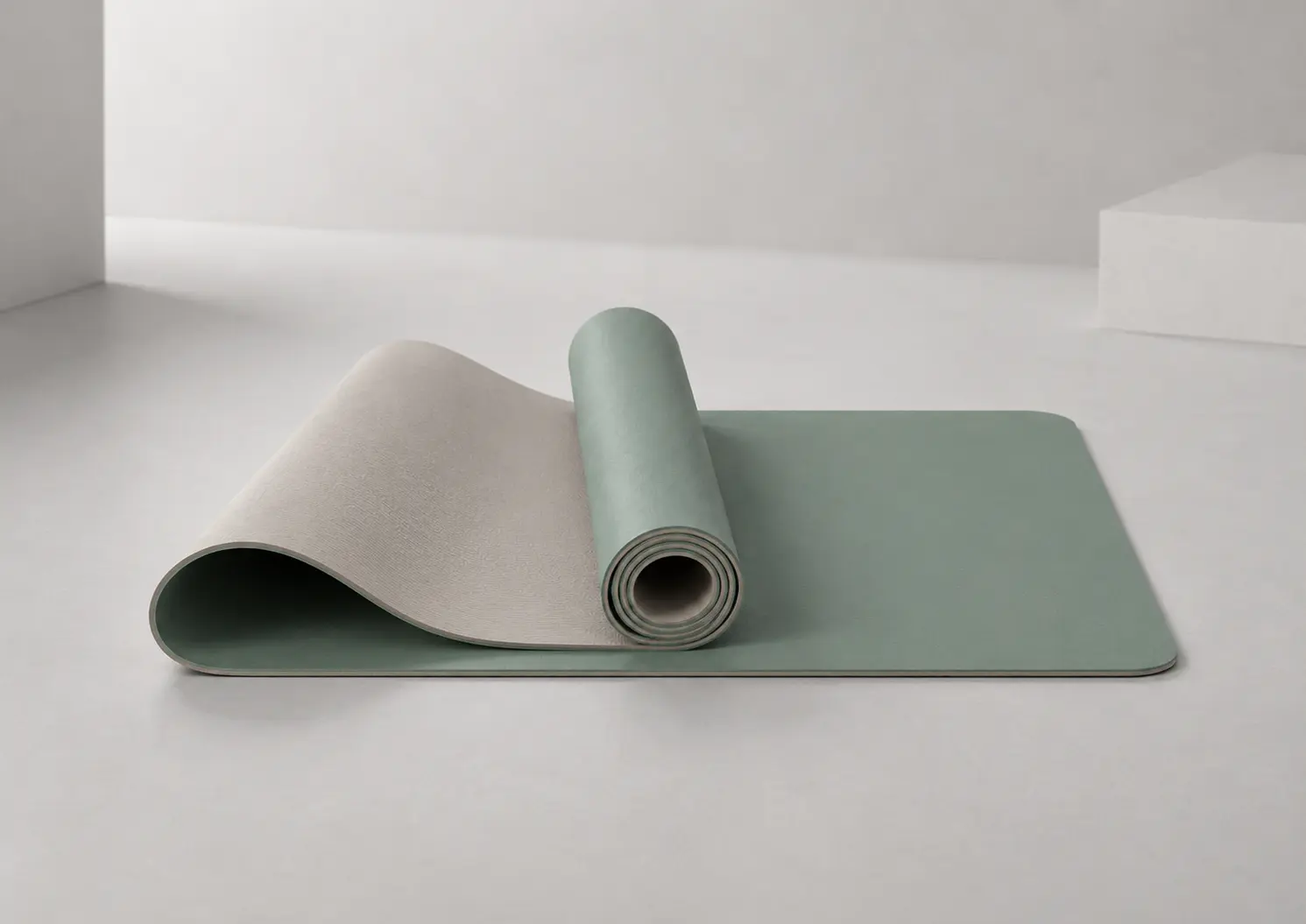 PU and TPE yoga mat with sage green PU top layer and light beige TPE base shown in a rolled layered structure