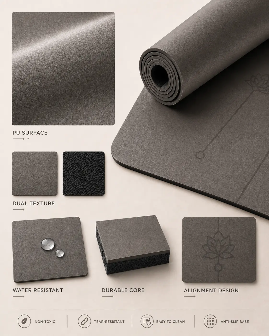 PU yoga mat material sample showing smooth polyurethane coating, moisture-responsive surface and composite rubber base