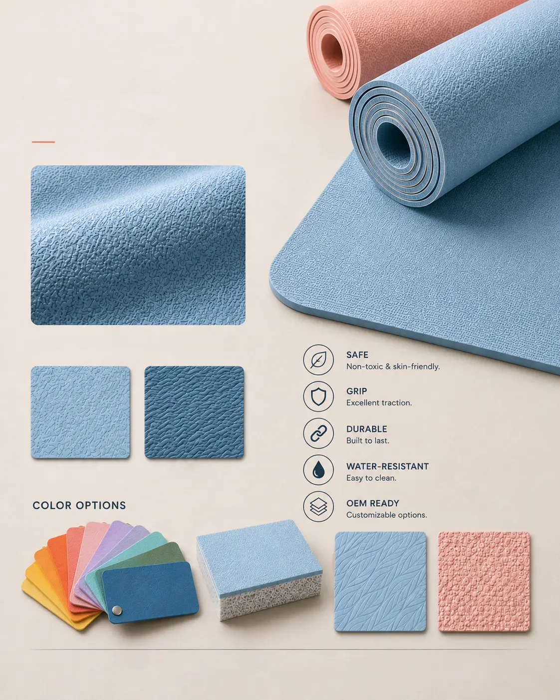 PVC yoga mat material sample showing embossed texture, colorful options and foam structure for high-volume production