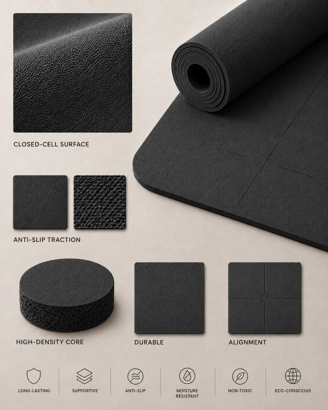 Black rubber yoga mat material sample showing high-density structure, alignment lines and anti-slip surface texture