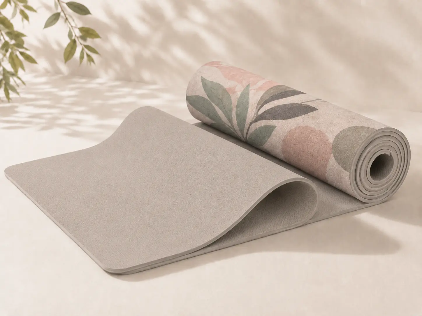 Rubber yoga mats with one solid black mat and one printed botanical design mat showing custom rubber yoga mat options