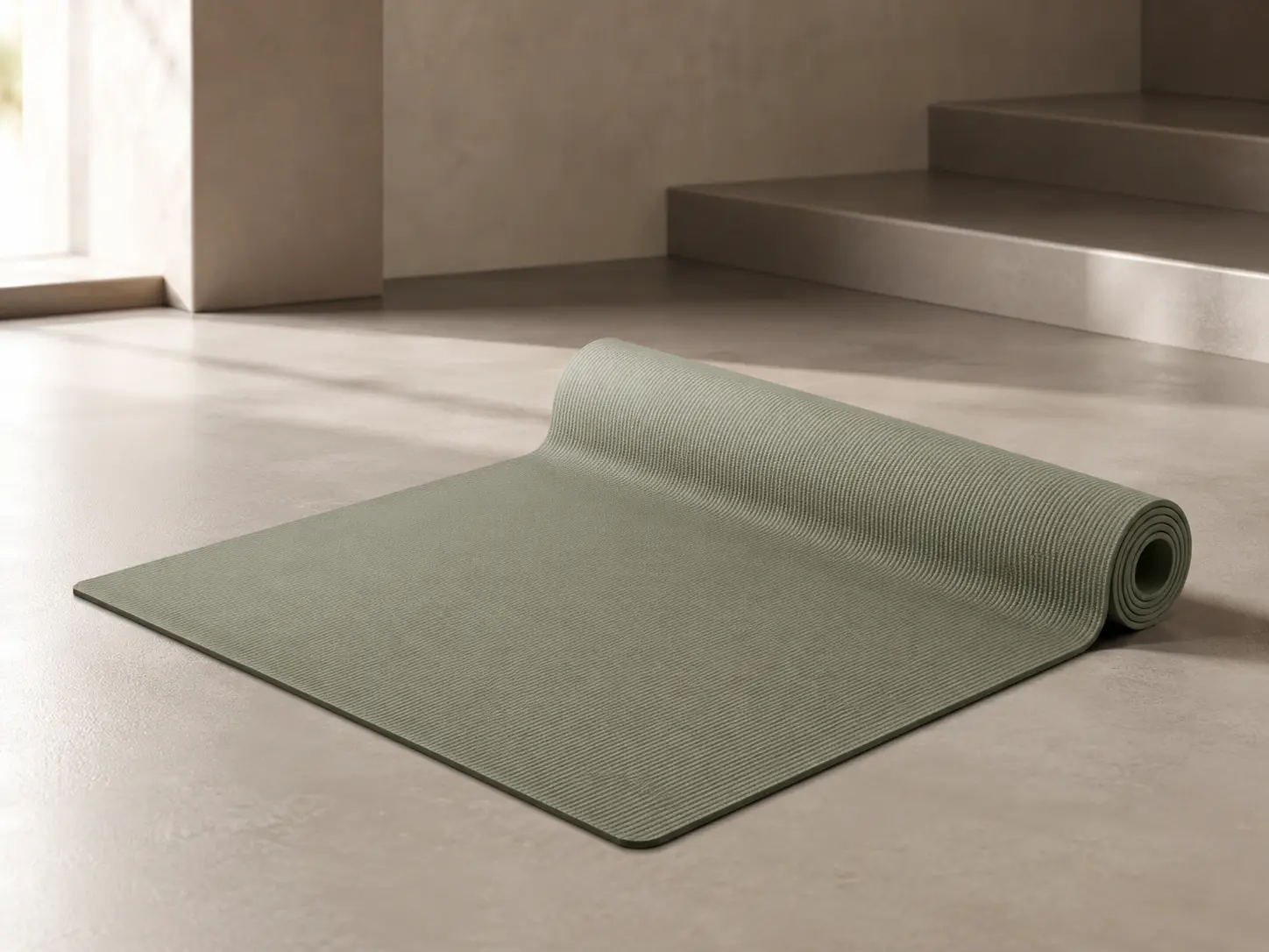 Single-layer TPE yoga mat in a minimalist studio setting, showing lightweight structure, textured surface, and simple everyday use.
