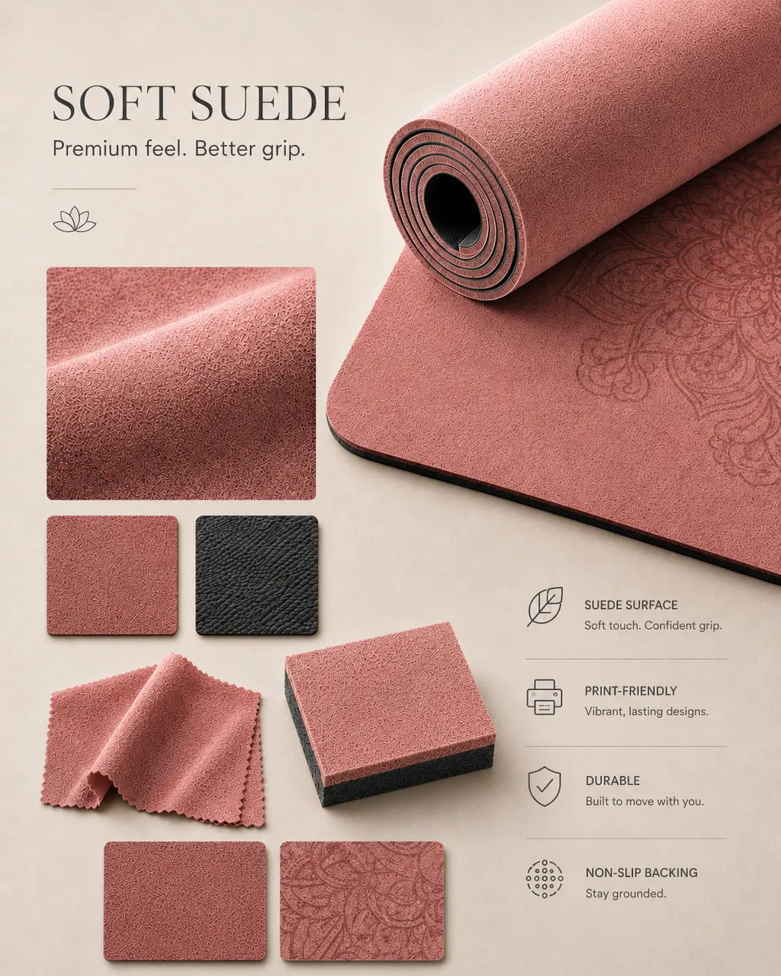 Suede yoga mat material sample showing soft microfiber surface, printed design and dark rubber backing