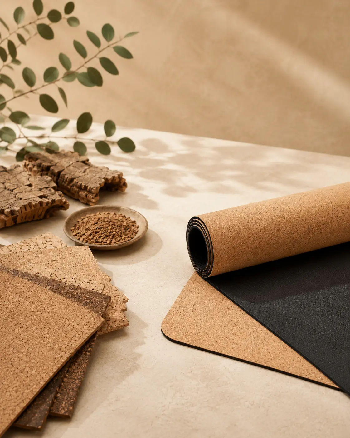 Natural cork yoga mat with rubber backing and sustainable cork material samples