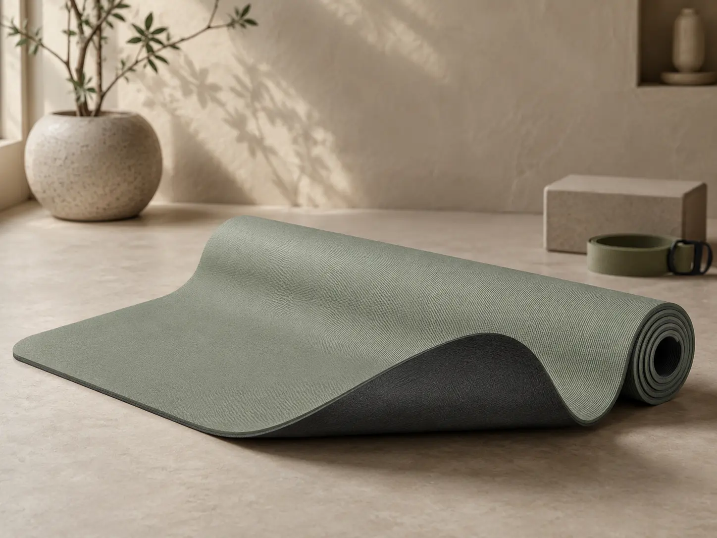 TPE and natural rubber yoga mat with a soft TPE surface and dark rubber base for enhanced grip and stability.