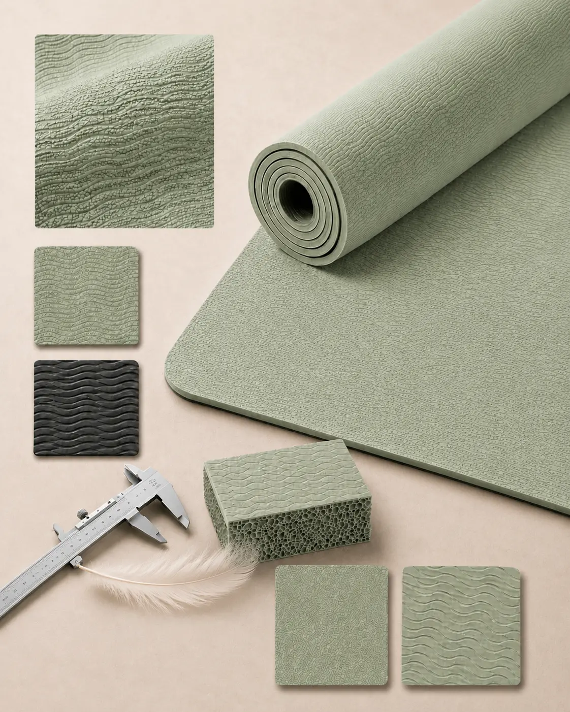 TPE yoga mat material sample showing closed-cell foam structure, wave texture and lightweight cushioning layers