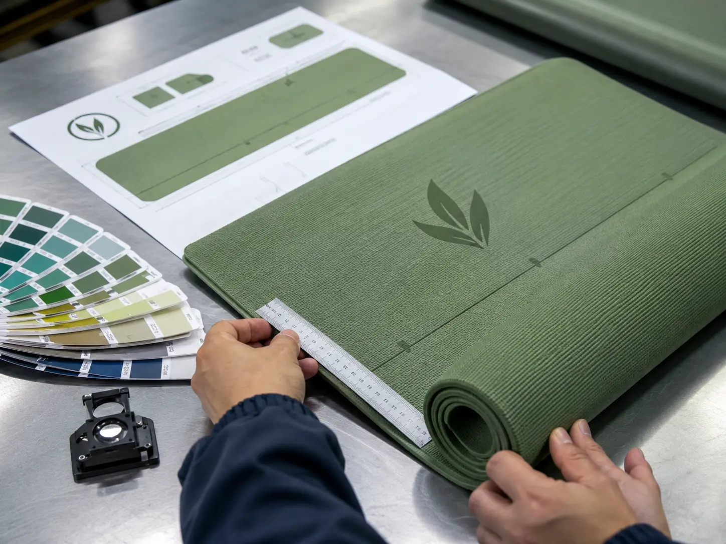 TPE yoga mat customization accuracy check with logo placement, alignment lines, color cards, and approved design artwork.