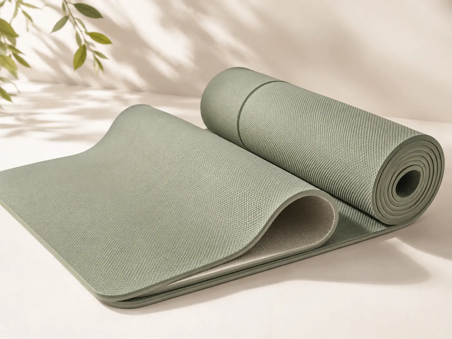 Dual-layer TPE yoga mat with sage green textured surface and beige underside for lightweight custom yoga mat collections
