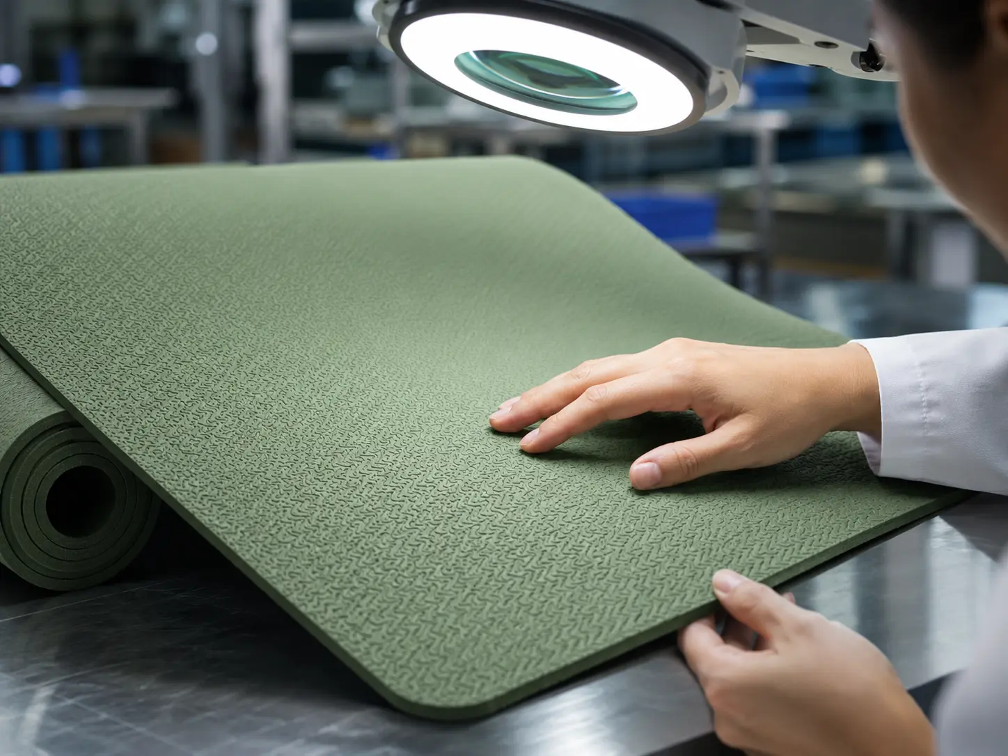TPE yoga mat surface texture inspection under a magnifying lamp to check embossing quality, grip texture, and edge finish.