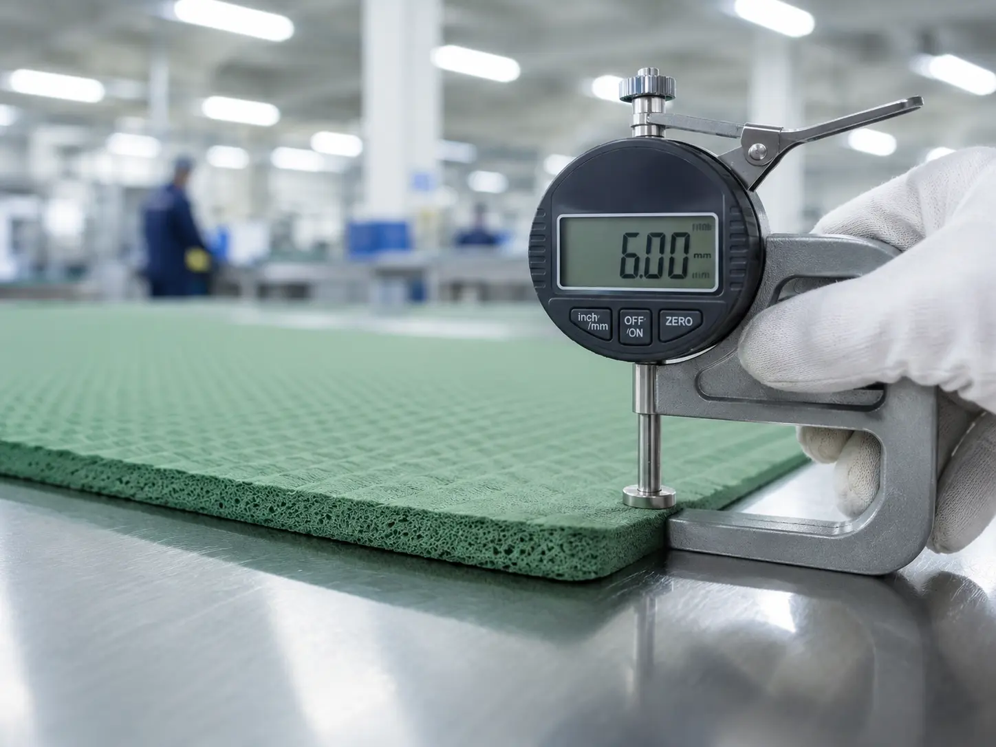 TPE yoga mat thickness and density inspection with a digital gauge checking material consistency during quality control.