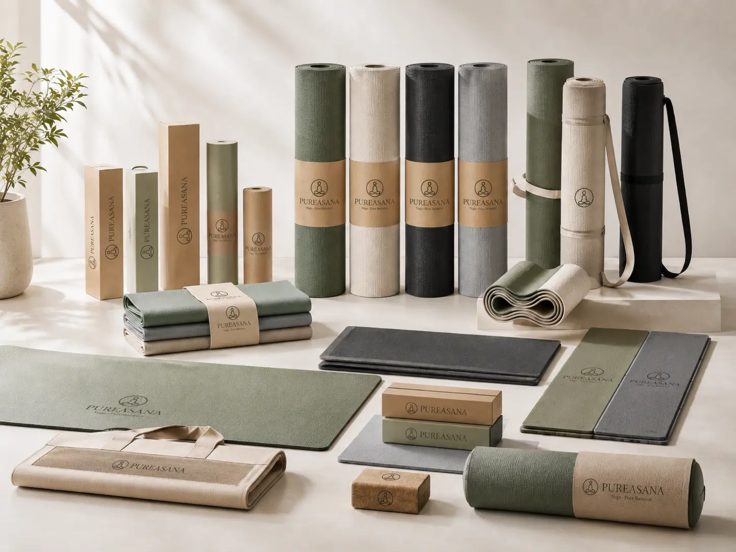 Wholesale yoga mat product mix with different mat styles, branded packaging, carry bags, boxes, and retail-ready options.