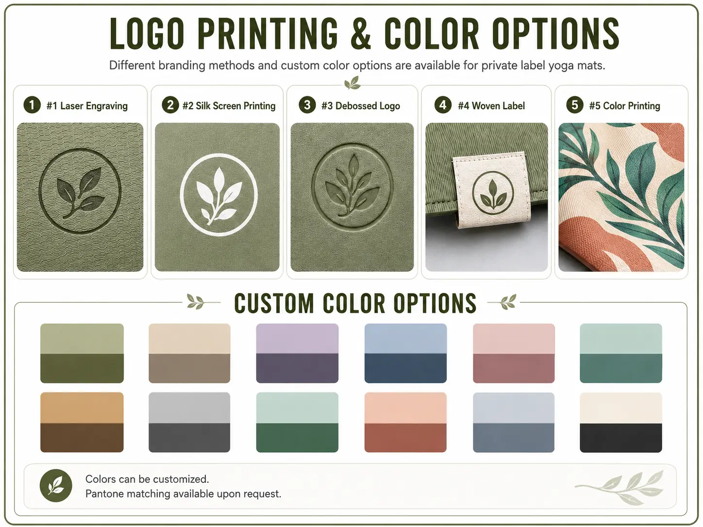 Logo printing and custom color options for yoga mats, including laser engraving, screen printing, debossed logo, woven label, and color printing.