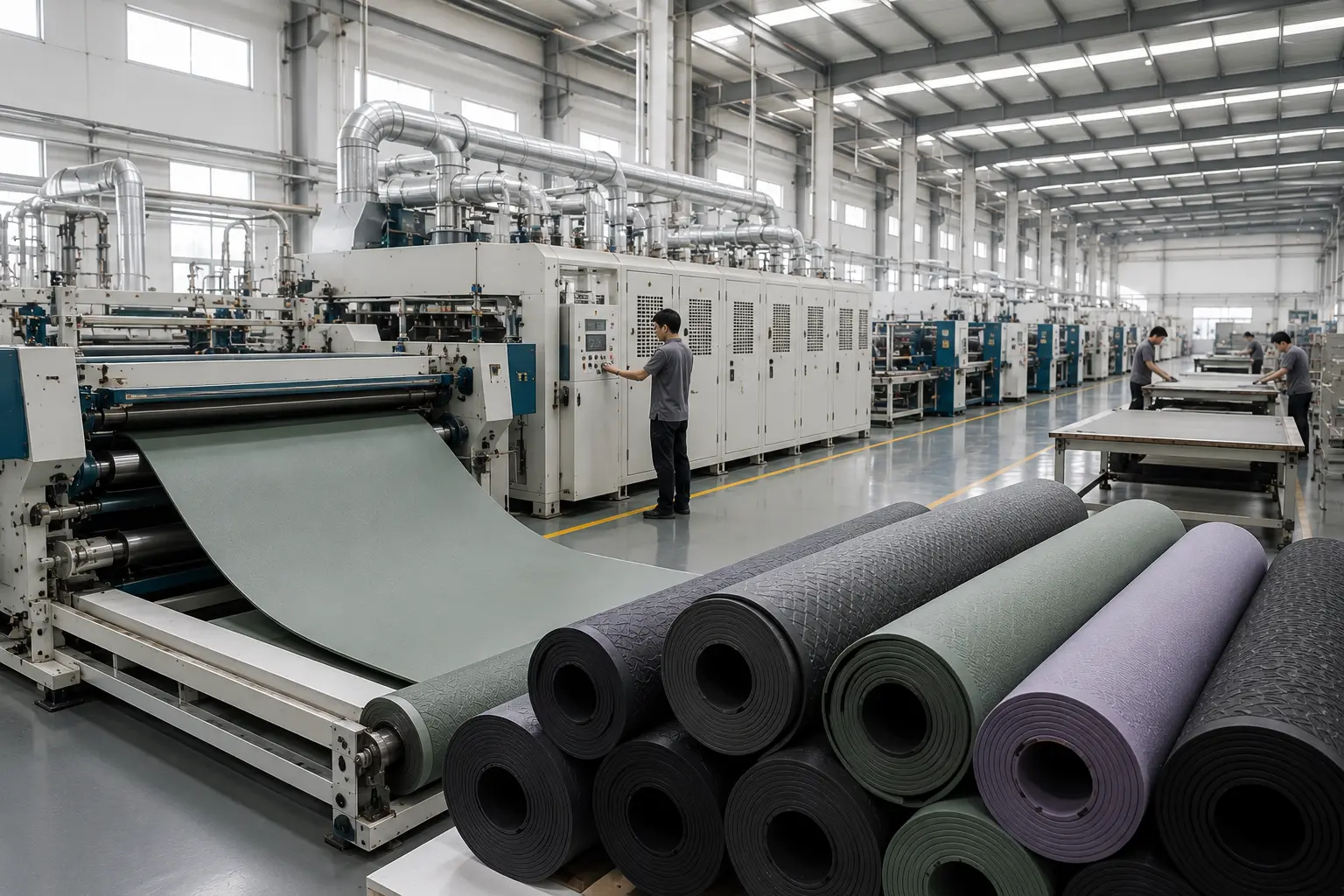 Modern yoga mat manufacturing production line with automated machinery and continuous material processing in an OEM factory.