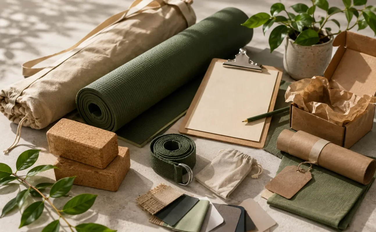 Yoga mat, cork blocks, strap, packaging materials, and product samples arranged for yoga product sourcing and development.