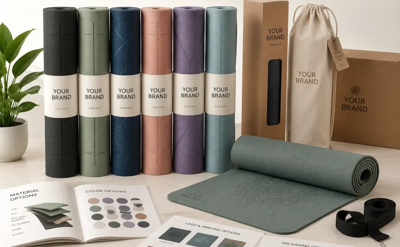 Custom yoga mats with private-label logos, color options, printing methods, and branded packaging