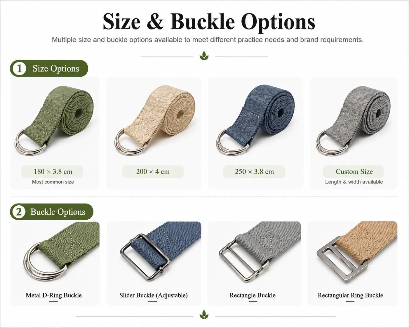 Custom yoga straps with different sizes and metal buckle options for wholesale and private label customization