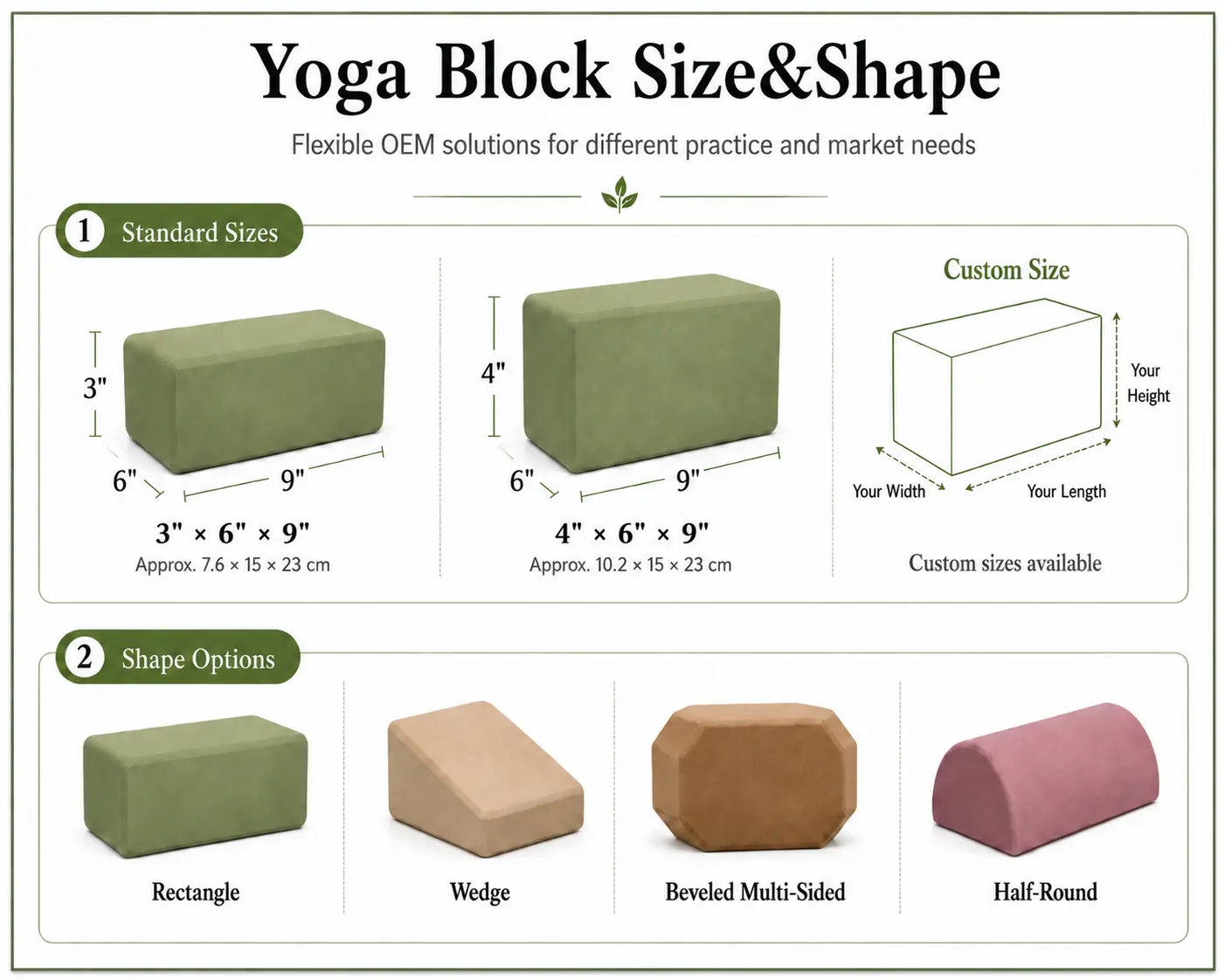Custom yoga block size and shape options including standard sizes and customized designs