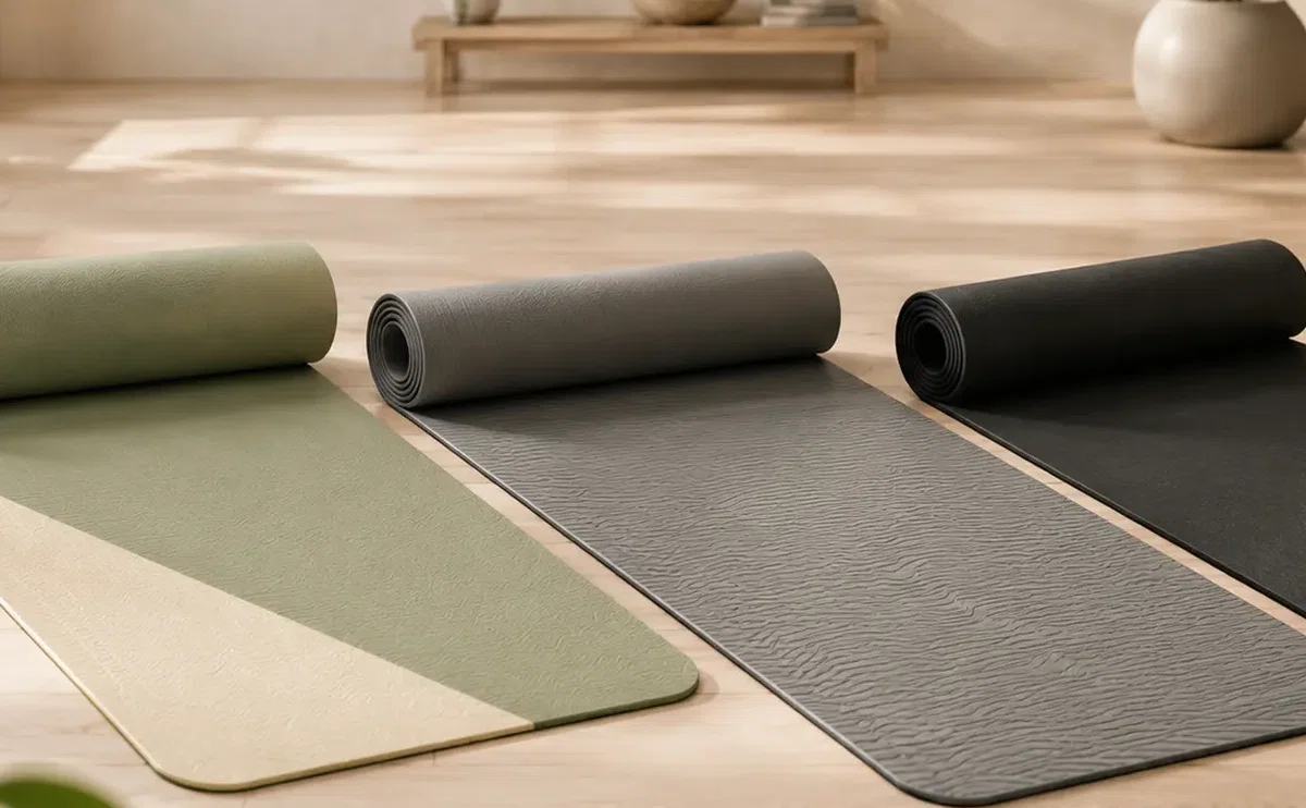 TPE, PVC, and natural rubber yoga mats displayed side by side for material comparison