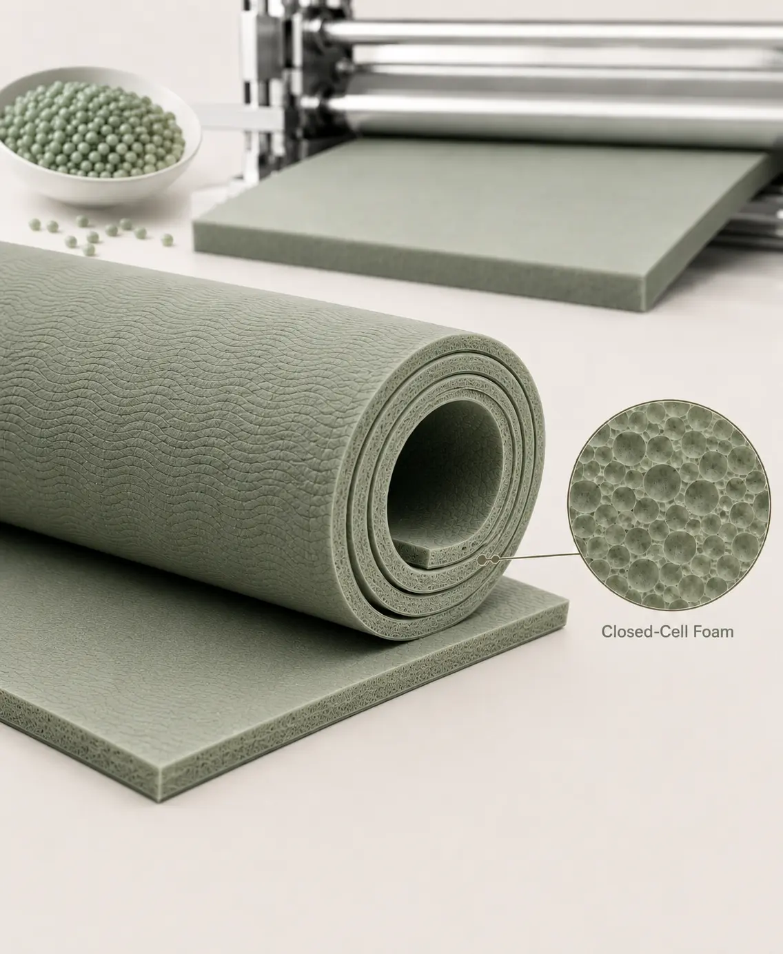 Closed-cell foam TPE yoga mat manufacturing process with rolled mat, flat material sheet, and foam structure detail