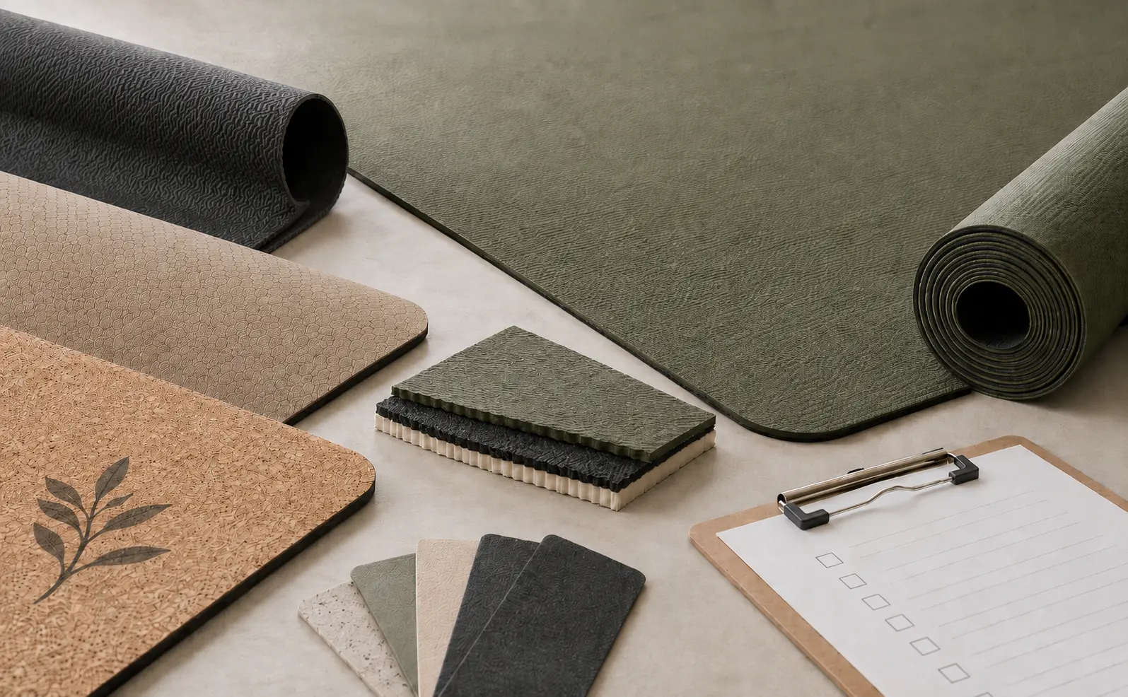 Common yoga mat defects quality control inspection with material samples and layered yoga mat construction