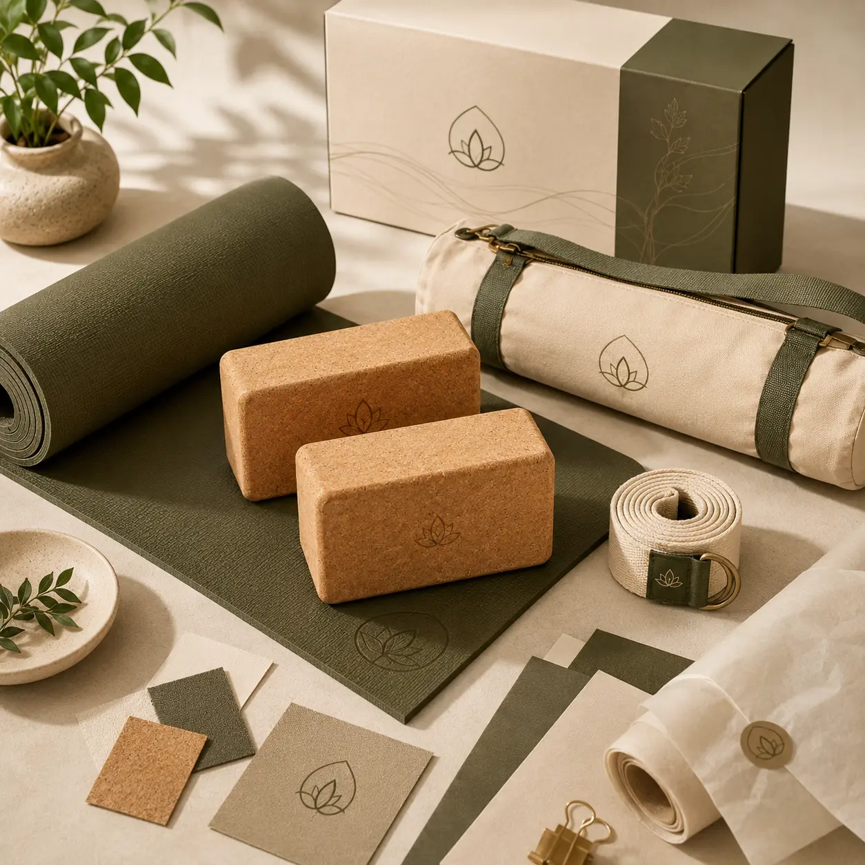 Coordinated yoga product bundle with material swatches, matching accessories, branded packaging, and color samples