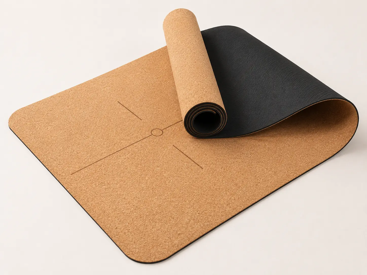 Cork and natural rubber yoga mat with cork top surface and black rubber backing