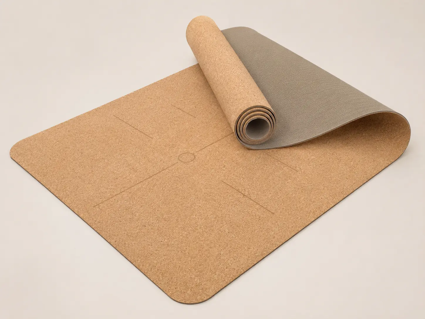 Cork and TPE yoga mat with natural cork surface and lightweight TPE backing