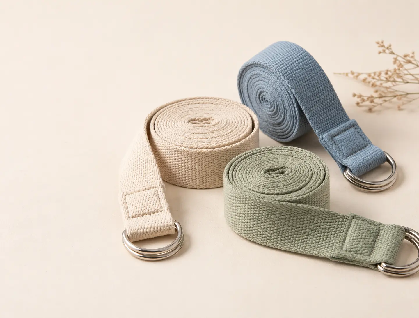 Wholesale cotton yoga straps with soft woven webbing and metal D-ring buckles